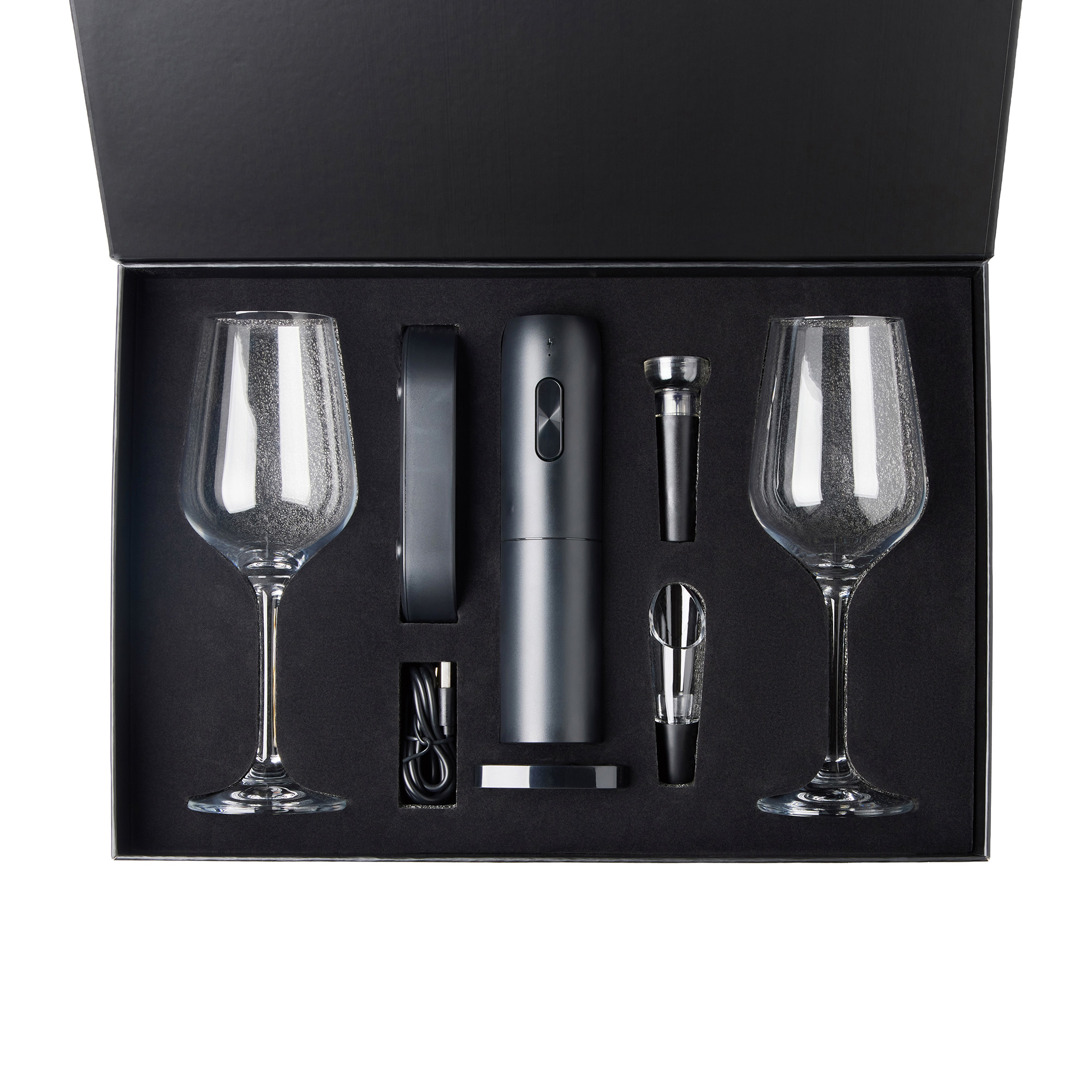 Подарочный набор для вина с бокалами и электрическим штопором Ин Вино, черный
