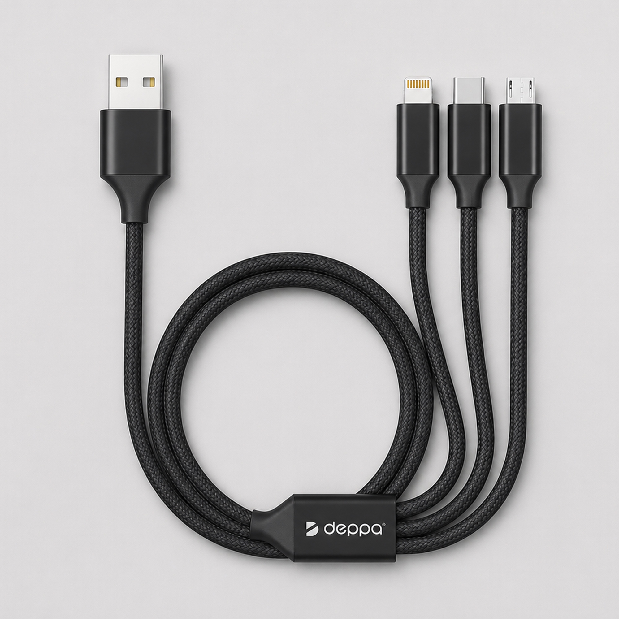 Дата-кабель 3 в 1: micro USB, USB-C, Ligthning, алюминий, 1.2м с логотипом Deppa | Print Logo
