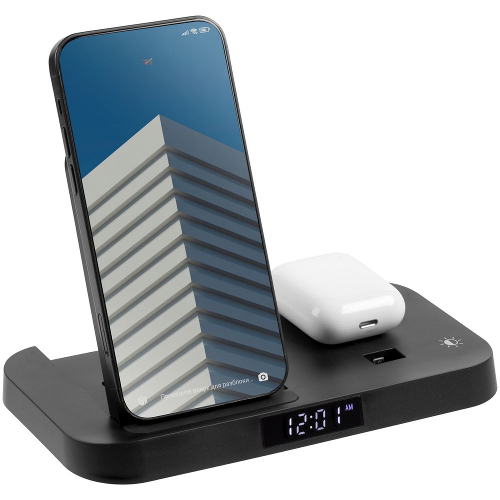 Зарядная станция с часами Clock Nest — пример нанесения логотипа (Uniscend) | Print Logo