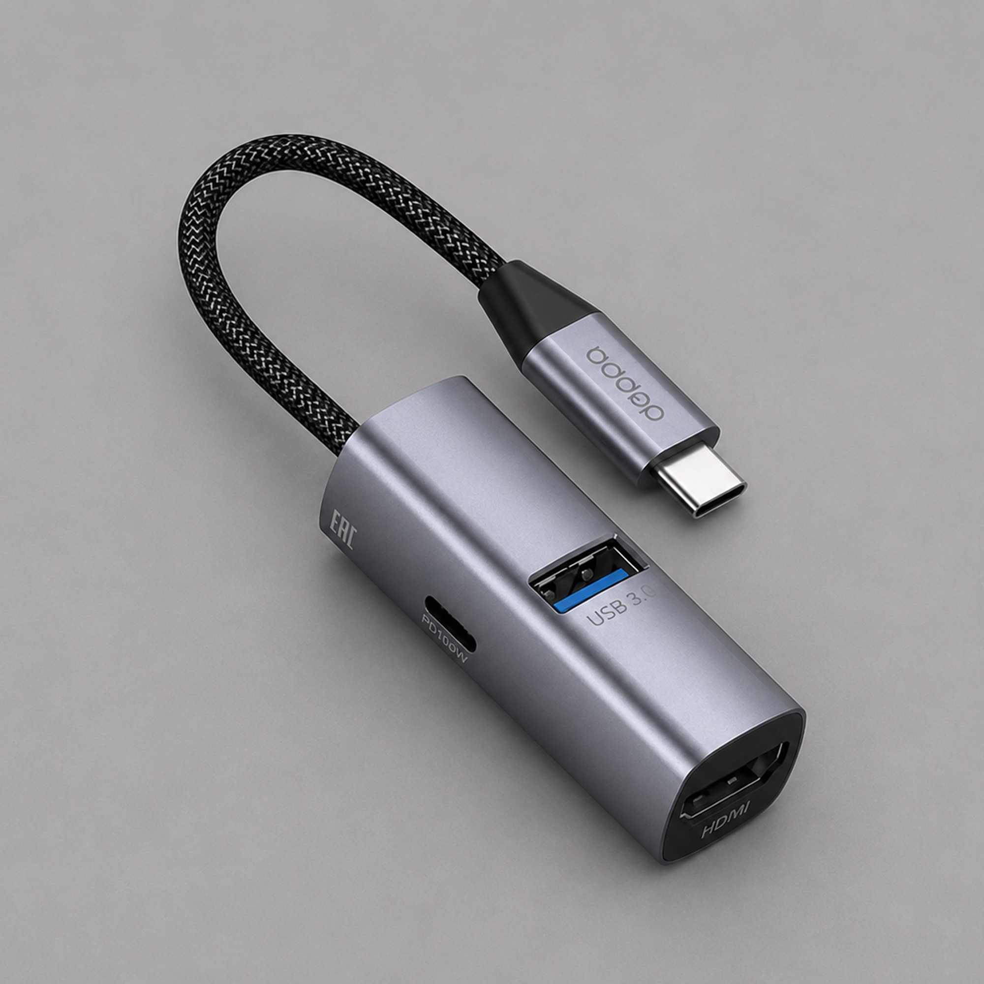 USB-хаб 3 в 1 USB-C - USB-A3.0 + USB-C PD100Вт + HDMI с логотипом Deppa | Print Logo