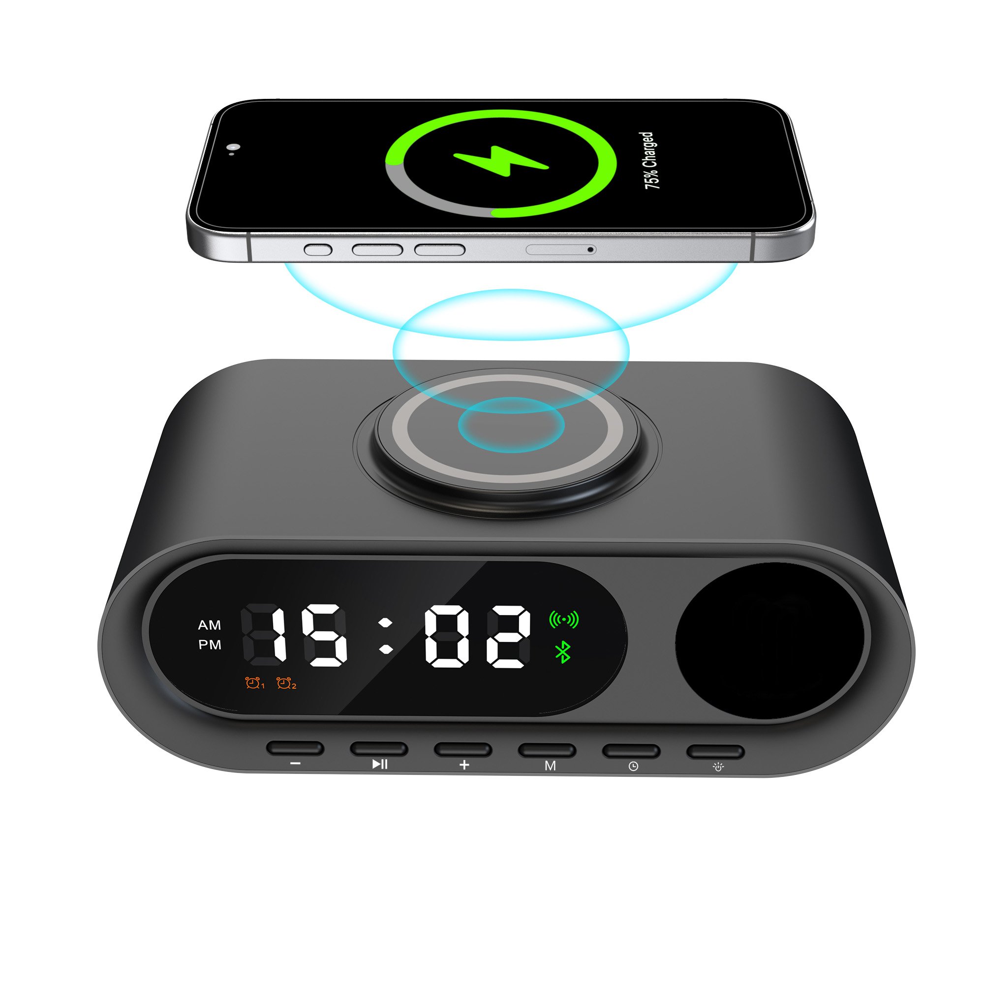 Настольные часы "Smart Hub" с bluetooth колонкой 5Вт, беспроводной (15W) зарядкой и подсветкой логотипа фото на сайте Print Logo.