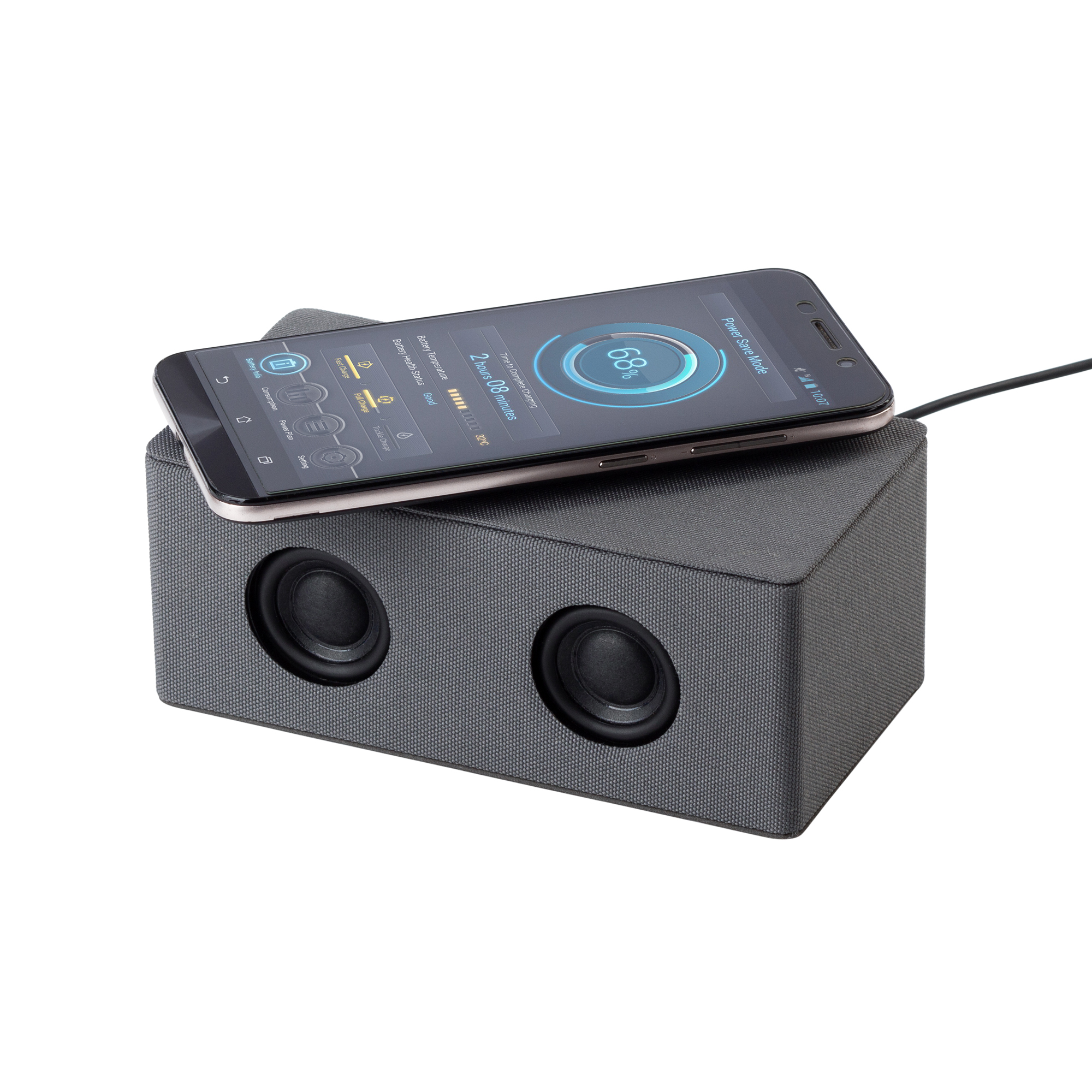 Bluetooth колонка "Cool Gray" с двумя динамиками (2х3Вт) и беспроводным зарядным устройством, переработанный пластик (RPET) фото на сайте Print Logo.