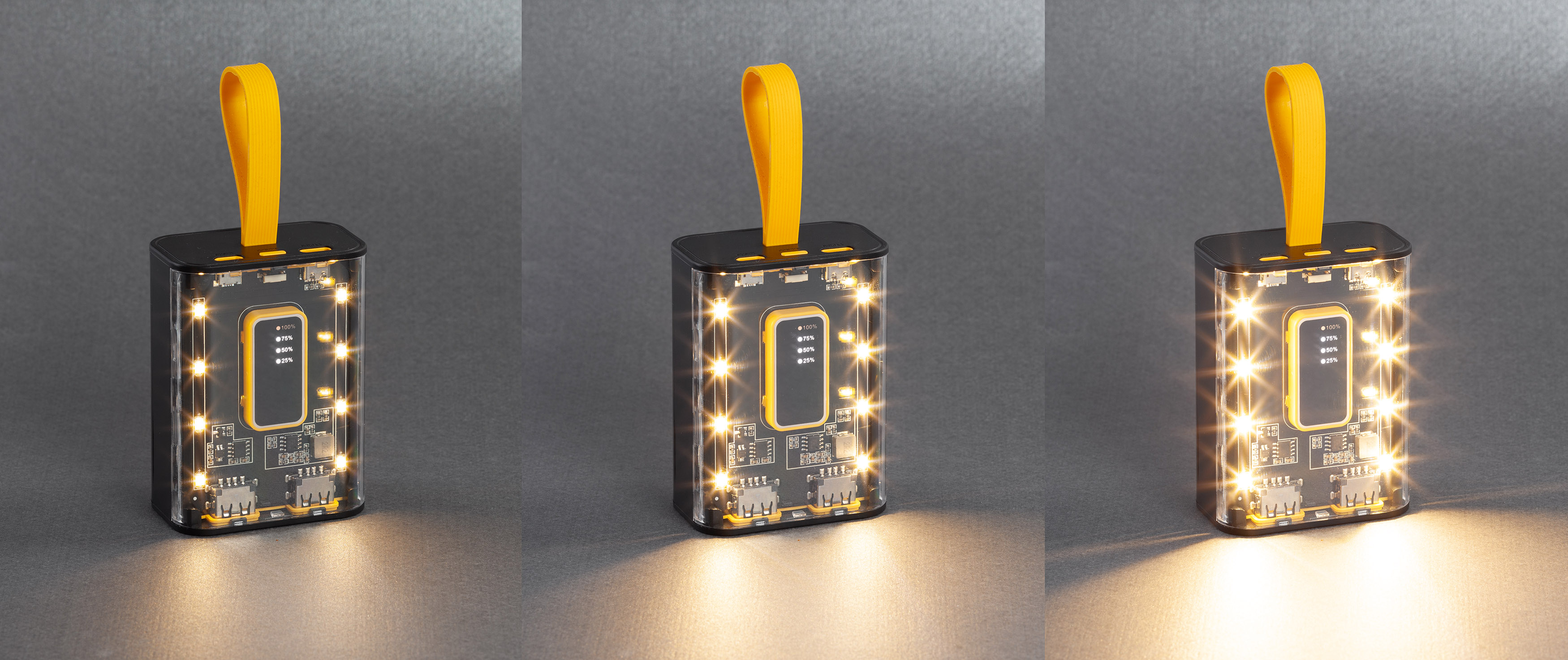 Зарядное устройство "Shine" 9000 mAh с LED-подсветкой, встроенными кабелями Type-C/Lightning/USB, черный с желтым