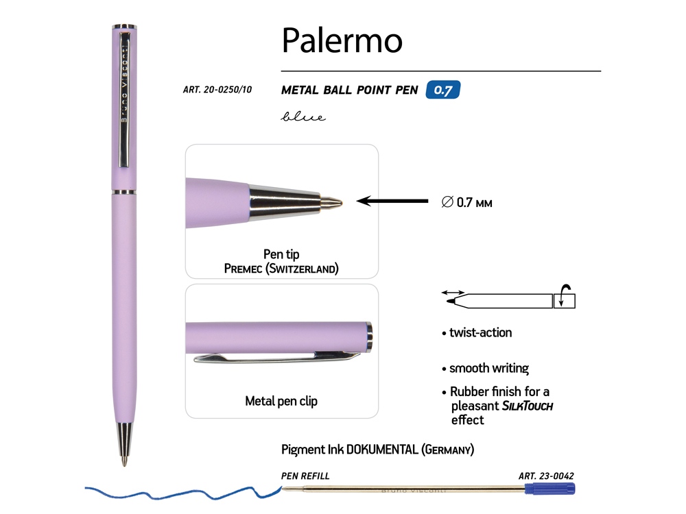 Ручка шариковая автоматическая BrunoVisconti® PALERMO цвет корпуса сиреневый, soft-touch, 0.7 мм