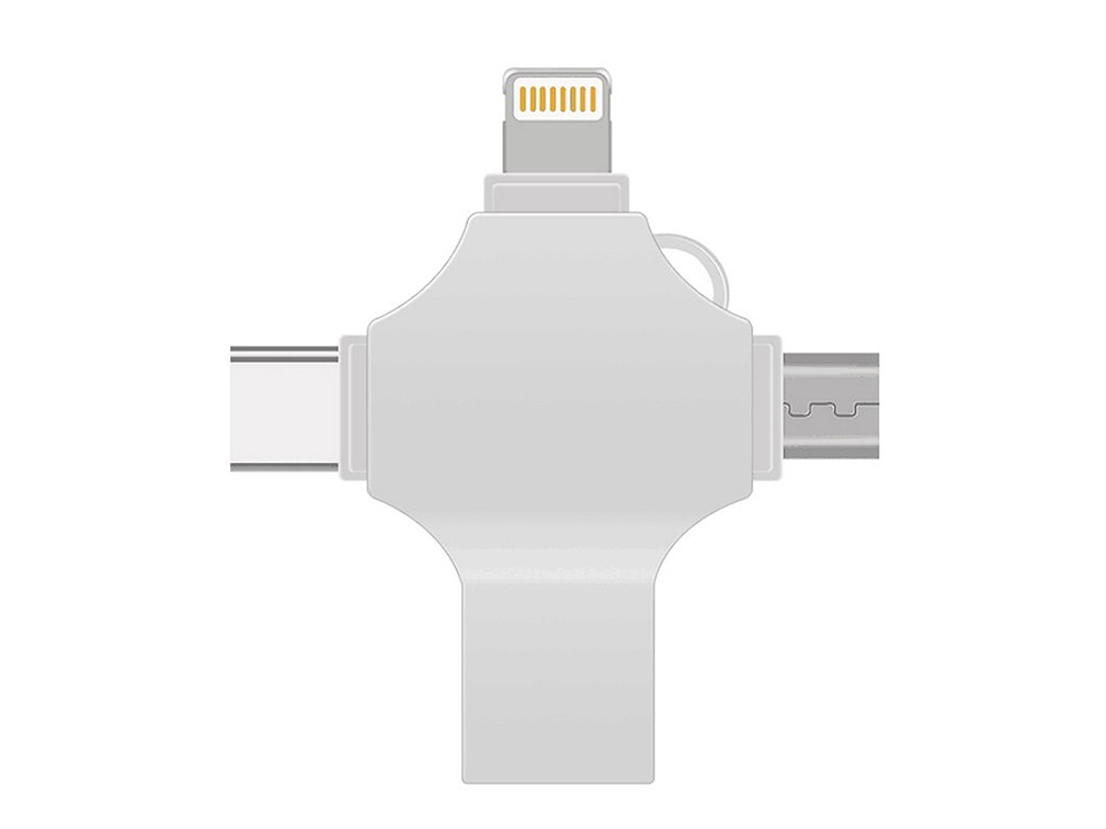 USB-флешка на 32 Гб 4 в 1 поворотный механизм, c дополнительными разъемами MicroUSB, TypeC и Lightning, серебристый