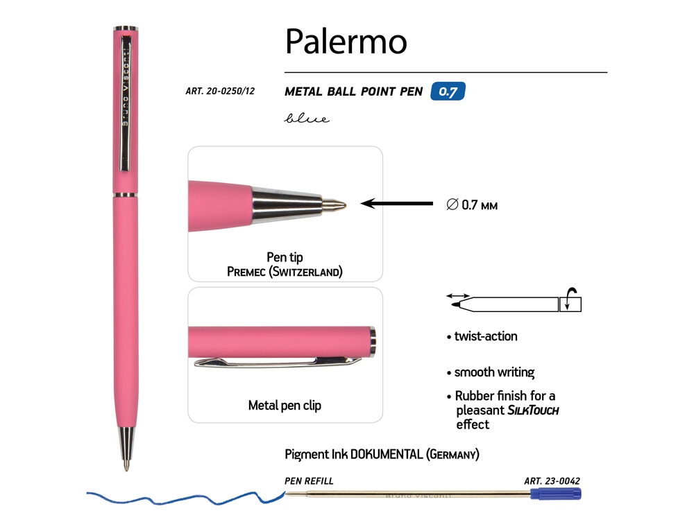 Ручка шариковая автоматическая BrunoVisconti® PALERMO цвет корпуса красный коралловый, soft-touch, 0.7 мм