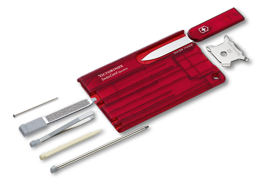 Швейцарская карточка VICTORINOX SwissCard Quattro, 14 функций, полупрозрачная красная