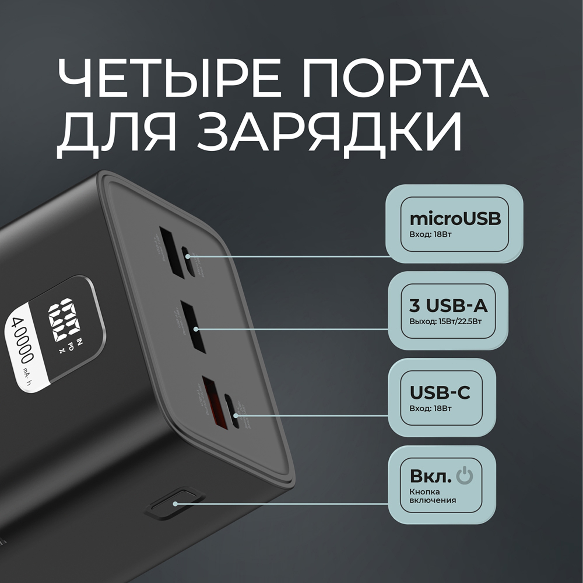 Внешний АКБ NRG Turbo V4 40000 мА-ч, дисплей, черный, Deppa