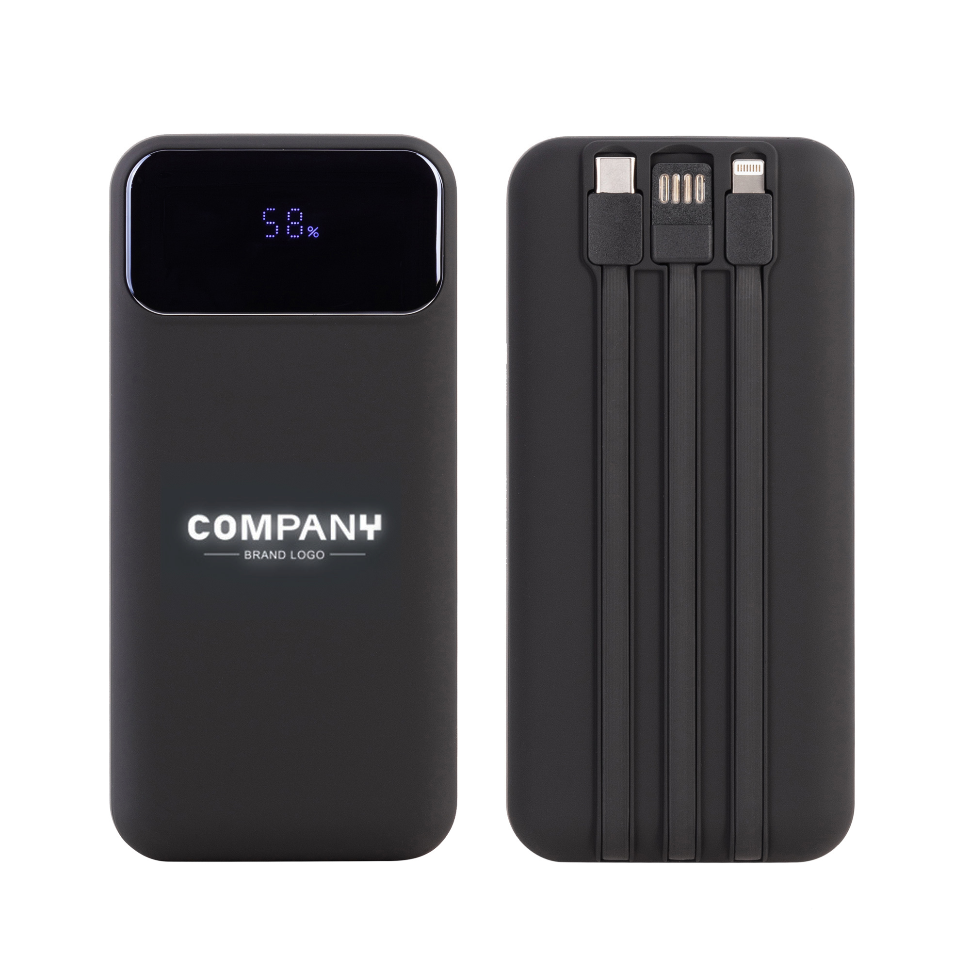 Зарядное (22.5W) устройство "Top Grade SOFTTOUCH" 20000 mAh с подсветкой логотипа, встроенными кабелями и цифровым индикатором заряда, черный