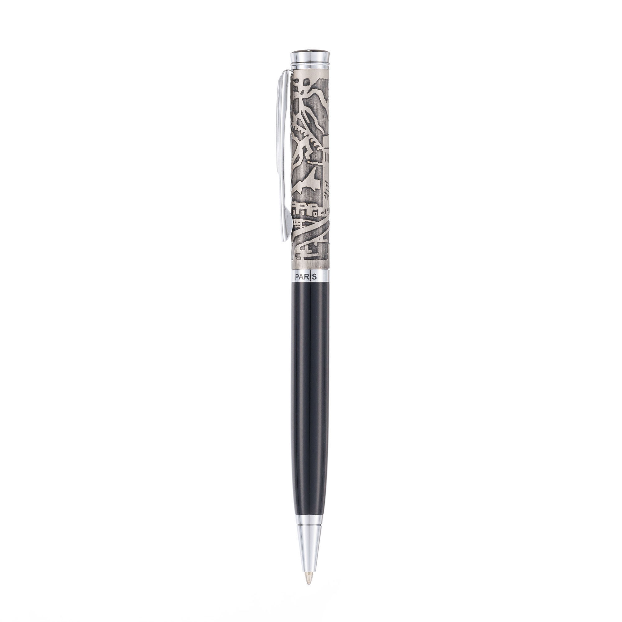 Ручка шариковая Pierre Cardin коллекция ГАММА (GAMME). Корпус - латунь, лак; колпачок - латунь, гравировка античное серебро. Отделка и детали дизайна - позолота, лак. Цвет - черный/темно-серебристый.