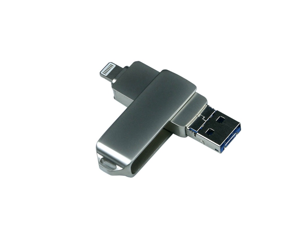 USB 3.0/micro USB/Lightning- флешка на 128 Гб с поворотным механизмом с логотипом  | Print Logo
