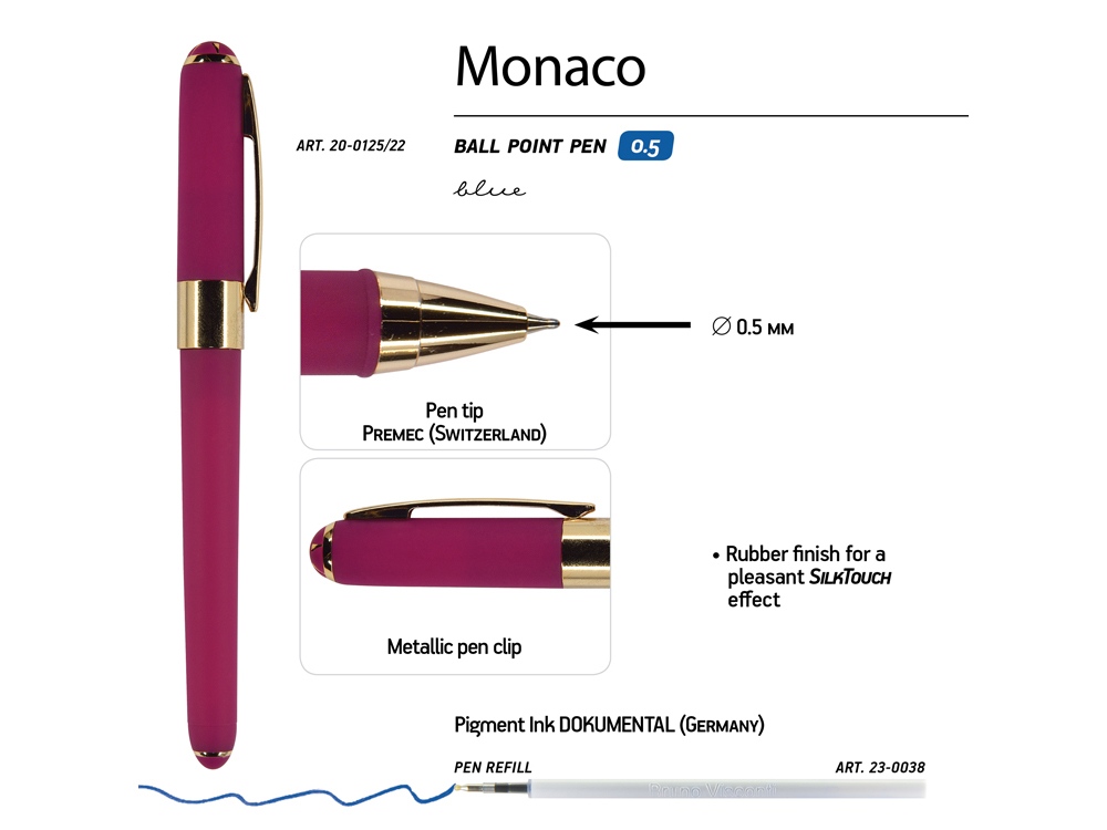 Ручка пластиковая шариковая Monaco, 0,5мм, синие чернила, пурпурный