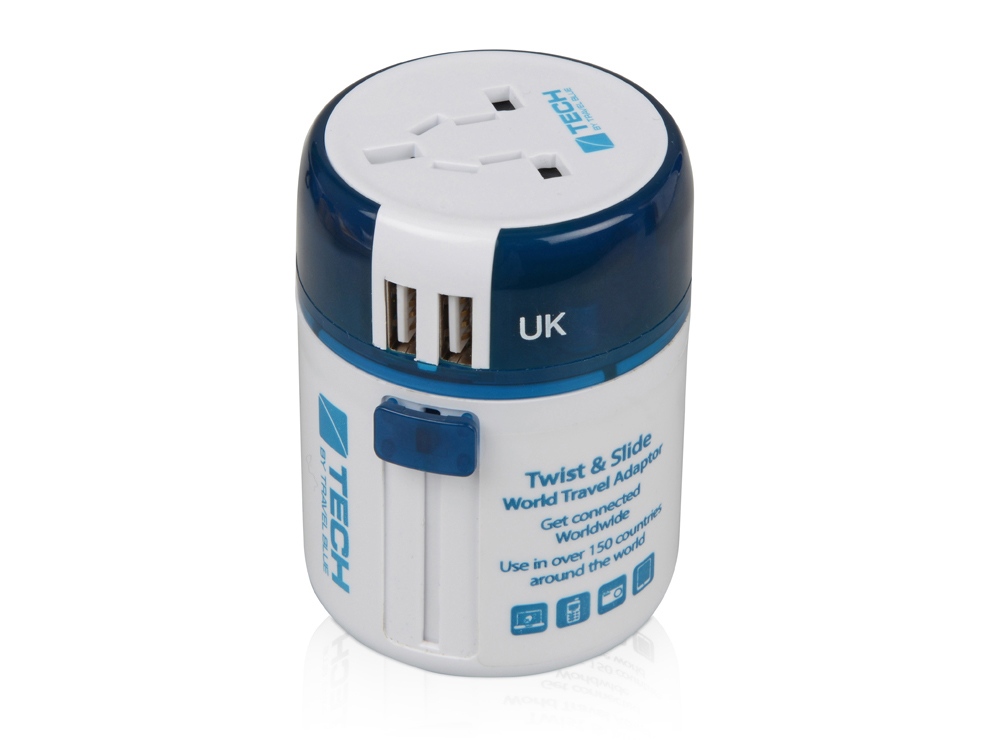 Адаптер с 2-мя USB-портами Twist & Slide с логотипом Travel Blue | Print Logo