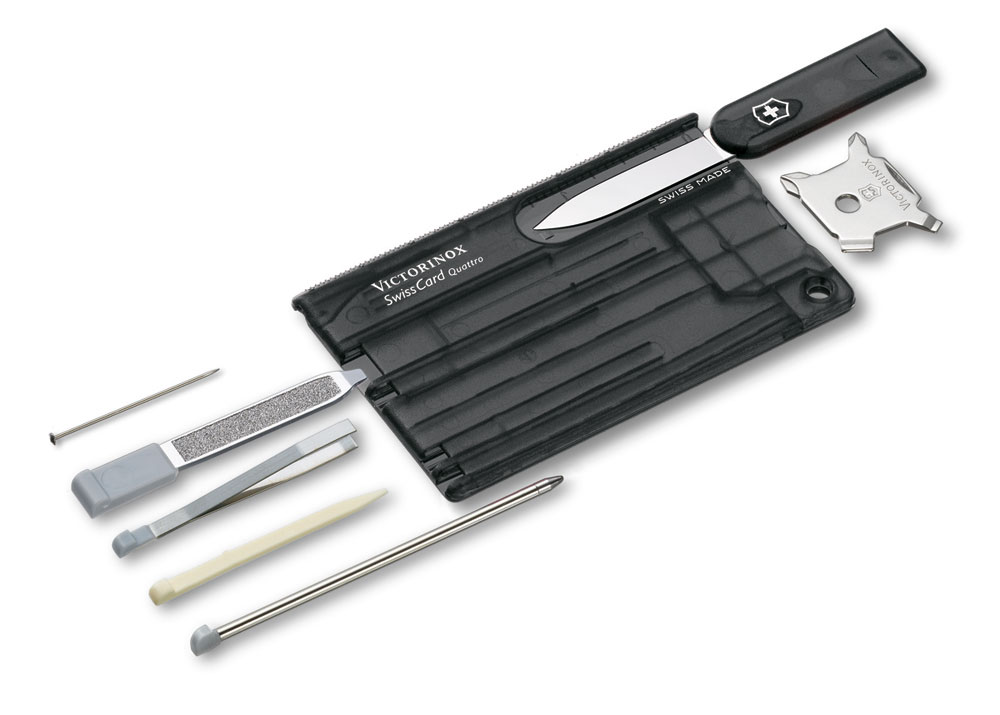 Швейцарская карточка VICTORINOX SwissCard Quattro, 13 функций, полупрозрачная чёрная