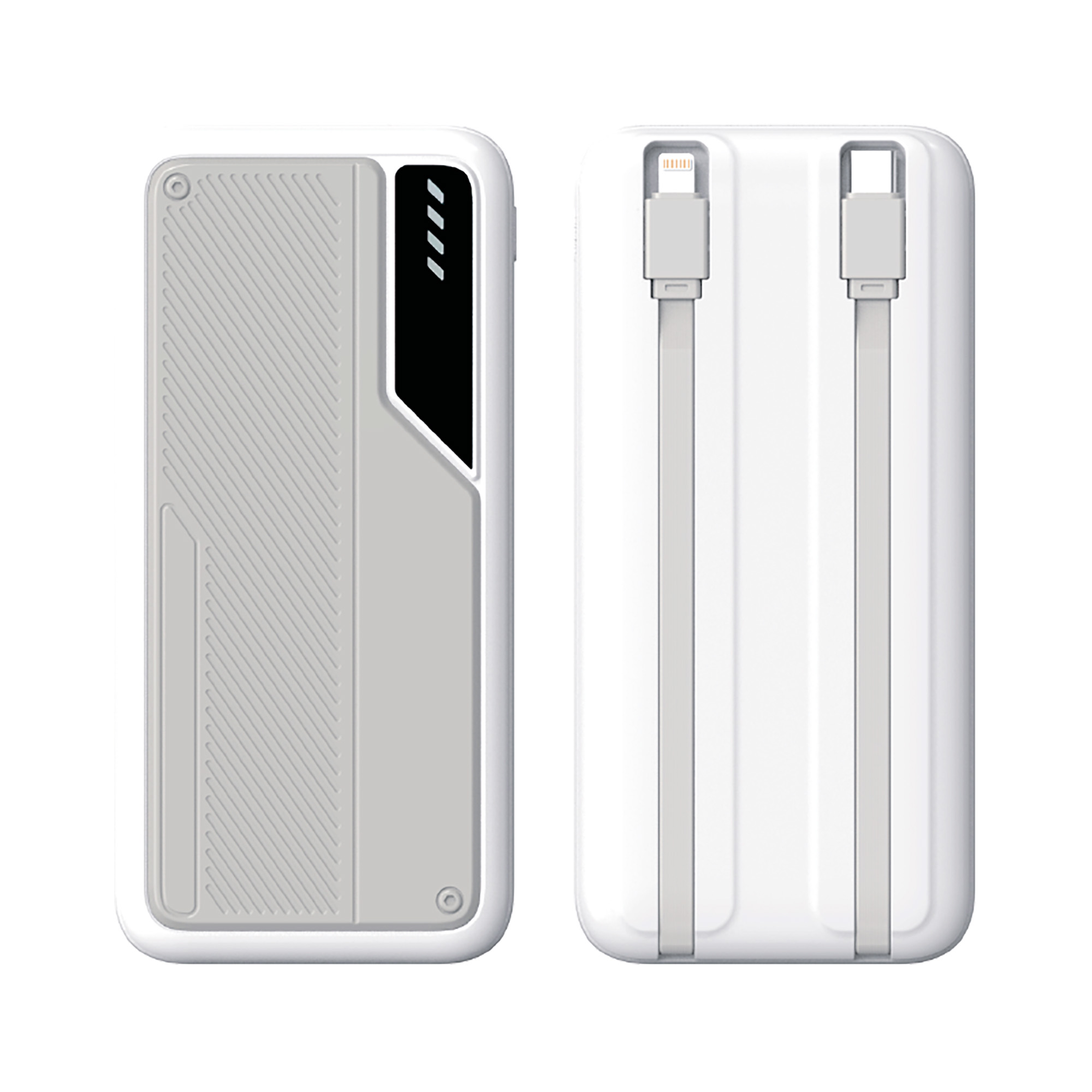 Зарядное устройство "Connect" 10000 mAh со встроенными Type-C/Lightning кабелями, белый с серым