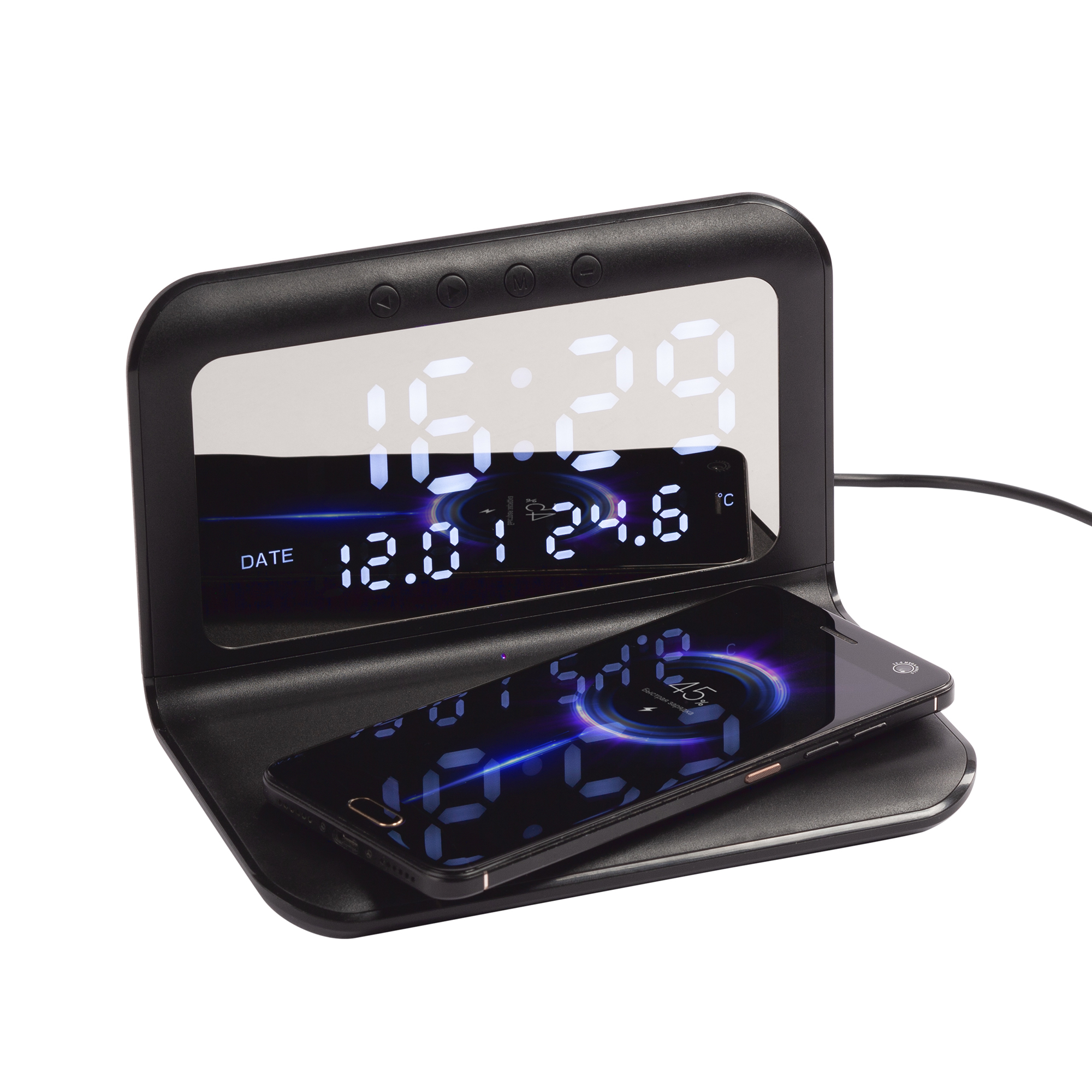 Настольные часы "Smart Time" с беспроводным (15W) зарядным устройством, будильником и термометром, со съёмным дисплеем фото на сайте Print Logo.