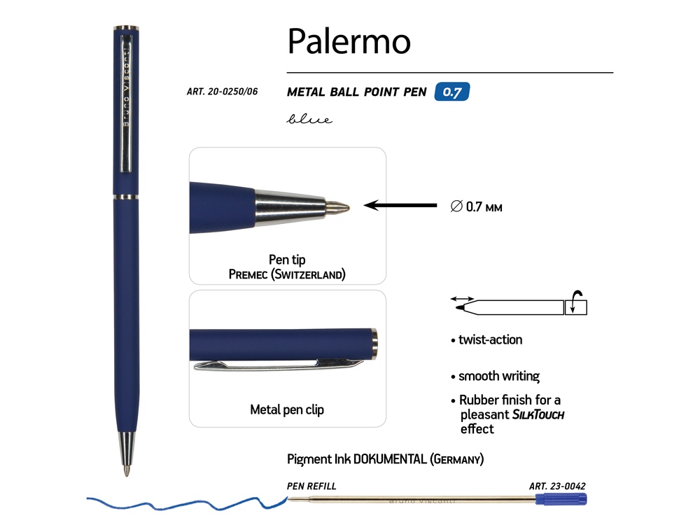 Ручка шариковая автоматическая BrunoVisconti® PALERMO цвет корпуса темно-синий, soft-touch, 0.7 мм