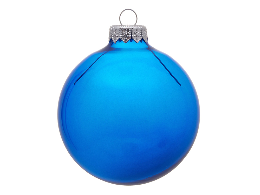 Стеклянный елочный шар Christmas bauble, синий прозрачный, с серебристым колпачком в черной коробке