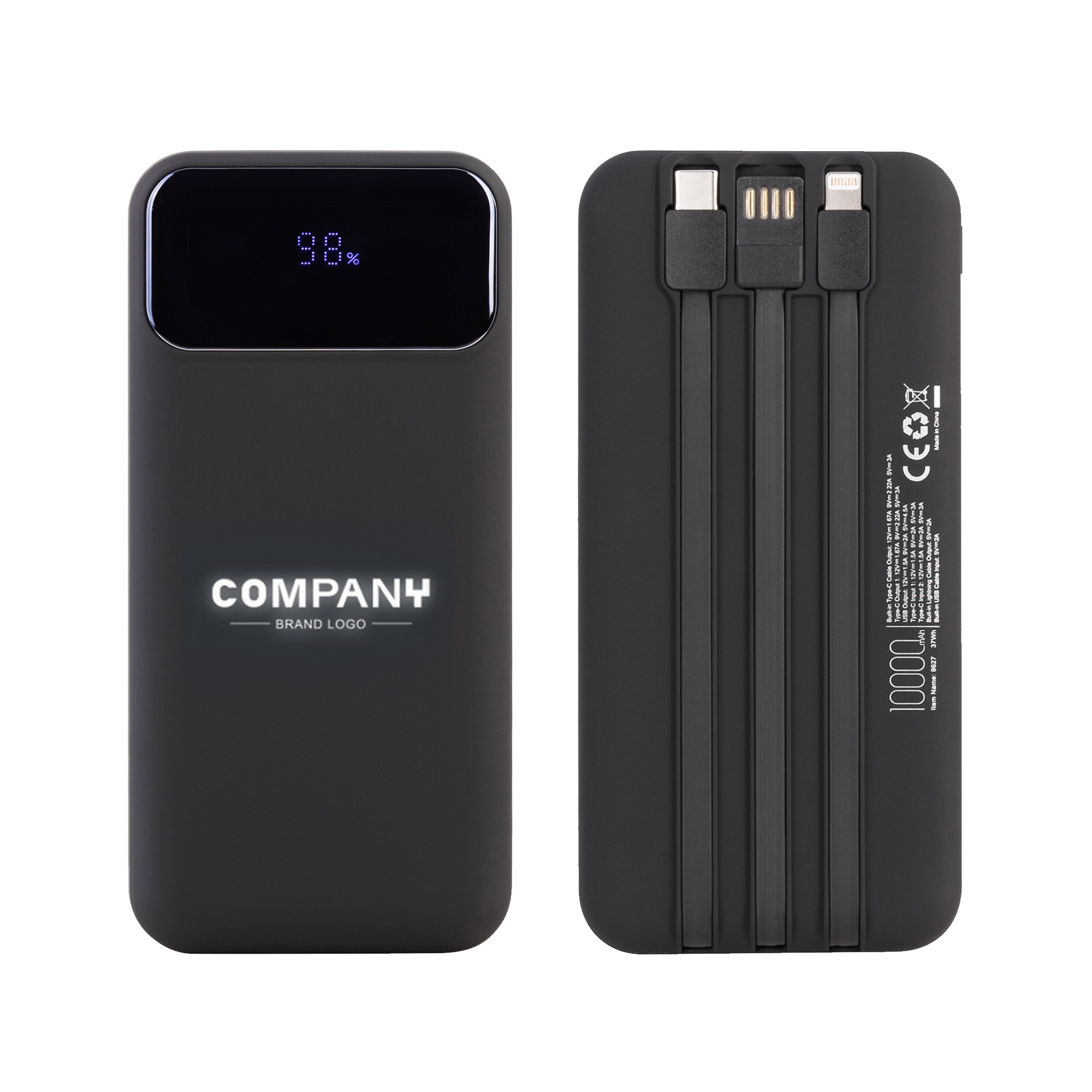Зарядное (22.5W) устройство "Grade SOFTTOUCH" 10000 mAh с подсветкой логотипа, встроенными кабелями и цифровым индикатором заряда, черный