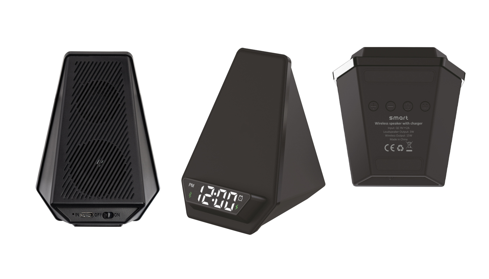 Настольная Bluetooth колонка (3Вт) "Smart Pyramid" с часами и беспроводным (15W) зарядным устройством, с подсветкой логотипа фото на сайте Print Logo.