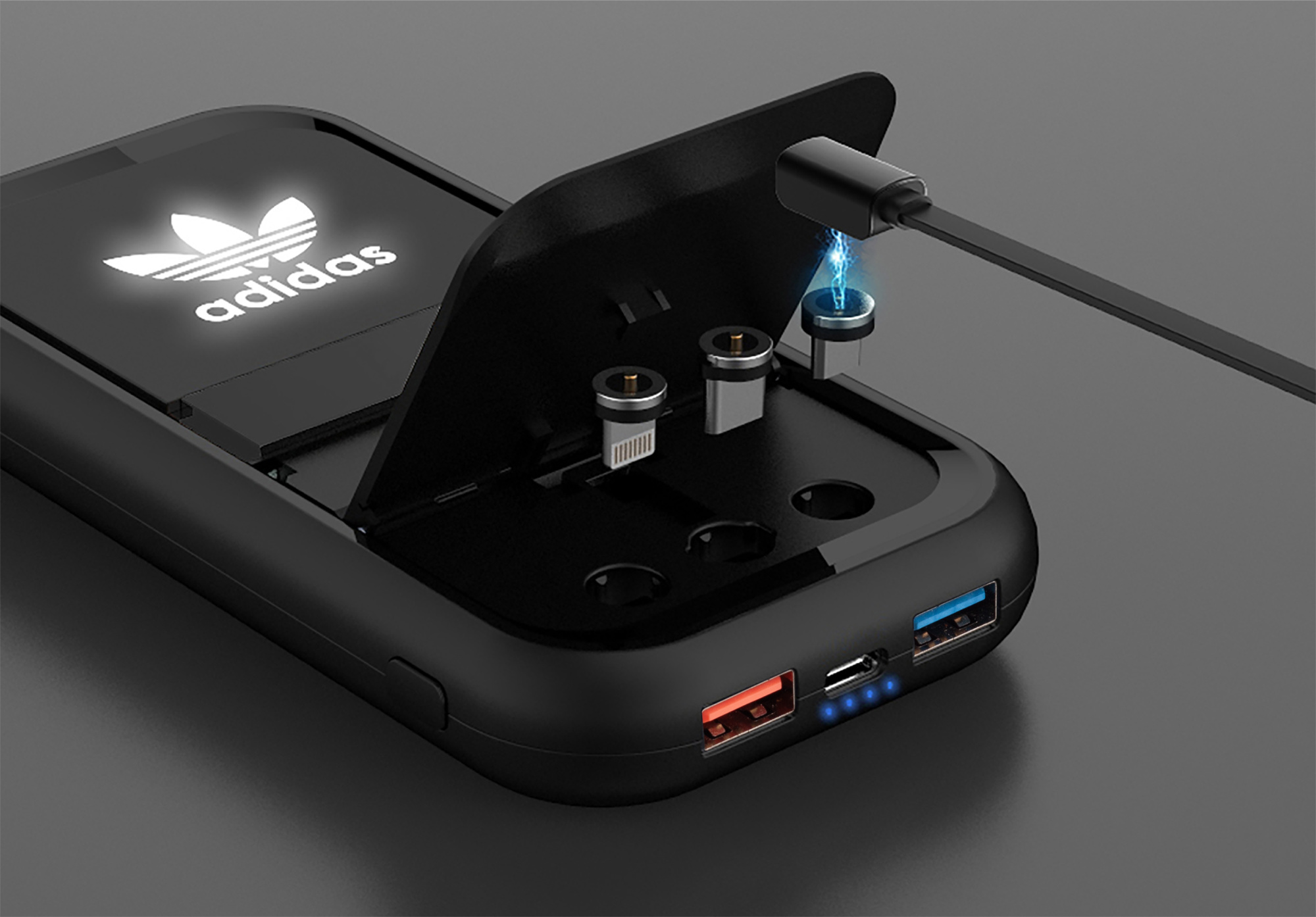 Беспроводное ЗУ "Fast & Furious", 10000 mAh, с быстрой (22.5W/15W) зарядкой, с магнитным кабелем и набором переходников, с подсветкой логотипа, черный