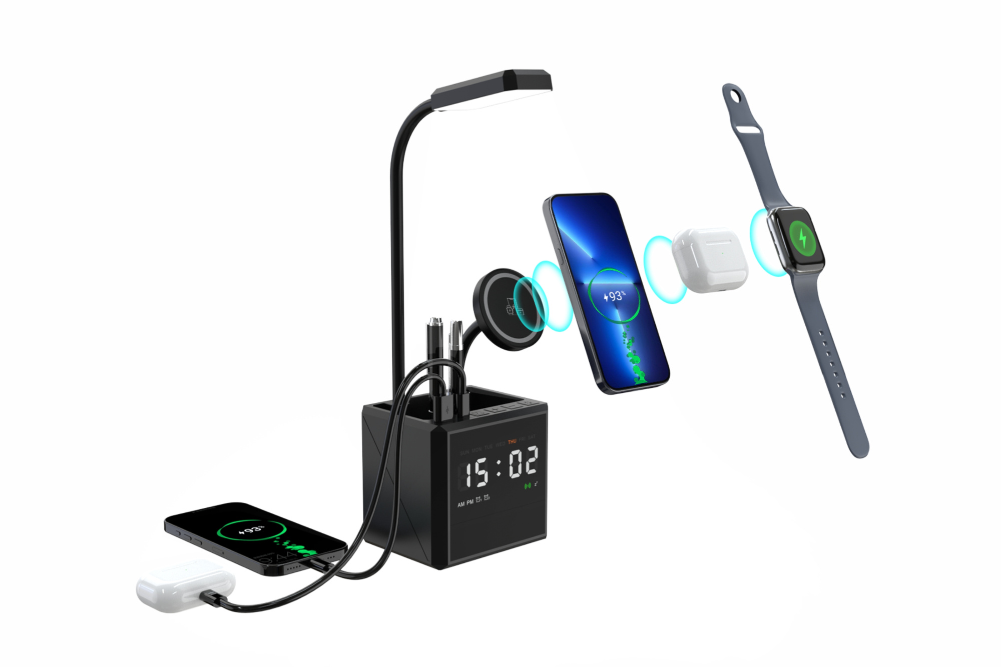 Лампа "Smart Flex" с беспроводным 3в1 (15W) ЗУ с MagSafe, часами, карандашницей и подсветкой логотипа фото на сайте Print Logo.